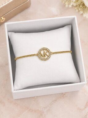Michael Kors Gold Tone Crystal MK Logo Slider Bracelet Adjustable NWT